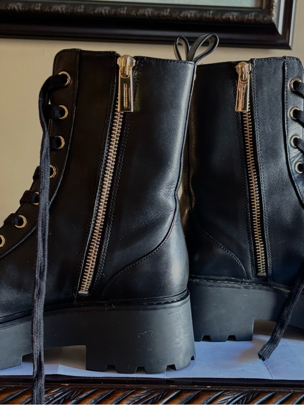 Michael Kors Black Lace-Up Combat Boots with Gold Hardware - Picture 3 of 7